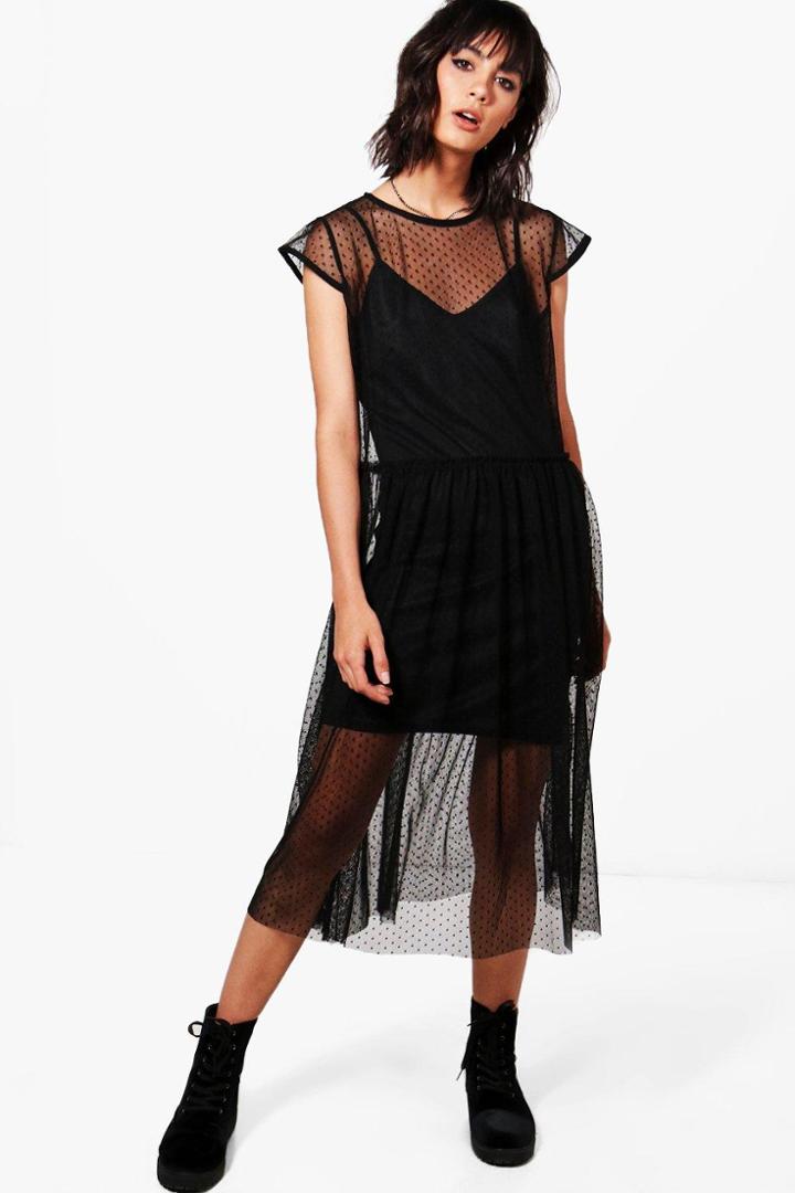 Boohoo Lucy Dobby Mesh Dress Black