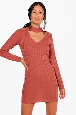 Boohoo Alexis Choker Rib Knit Jumper Dress