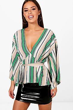 Boohoo Petite Willow Stripe Tie Waist Blouse