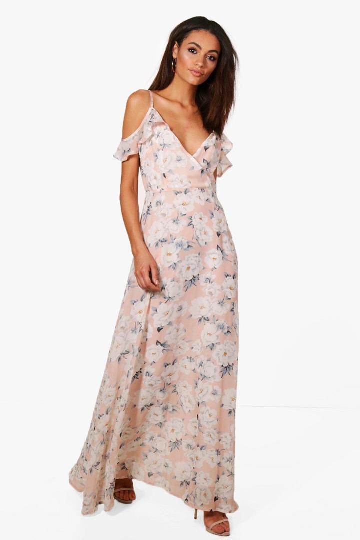 Boohoo Clare Floral Print Cold Shoulder Maxi Dress Blush
