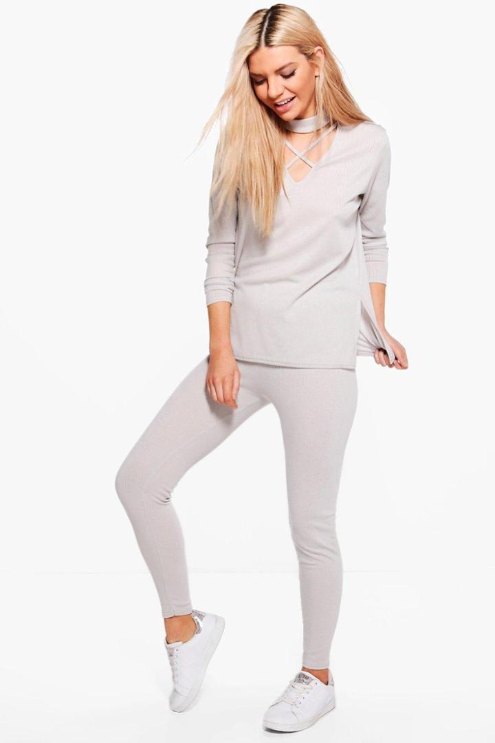 Boohoo Emily Strappy Choker Jumper & Leggings Lounge Set Grey