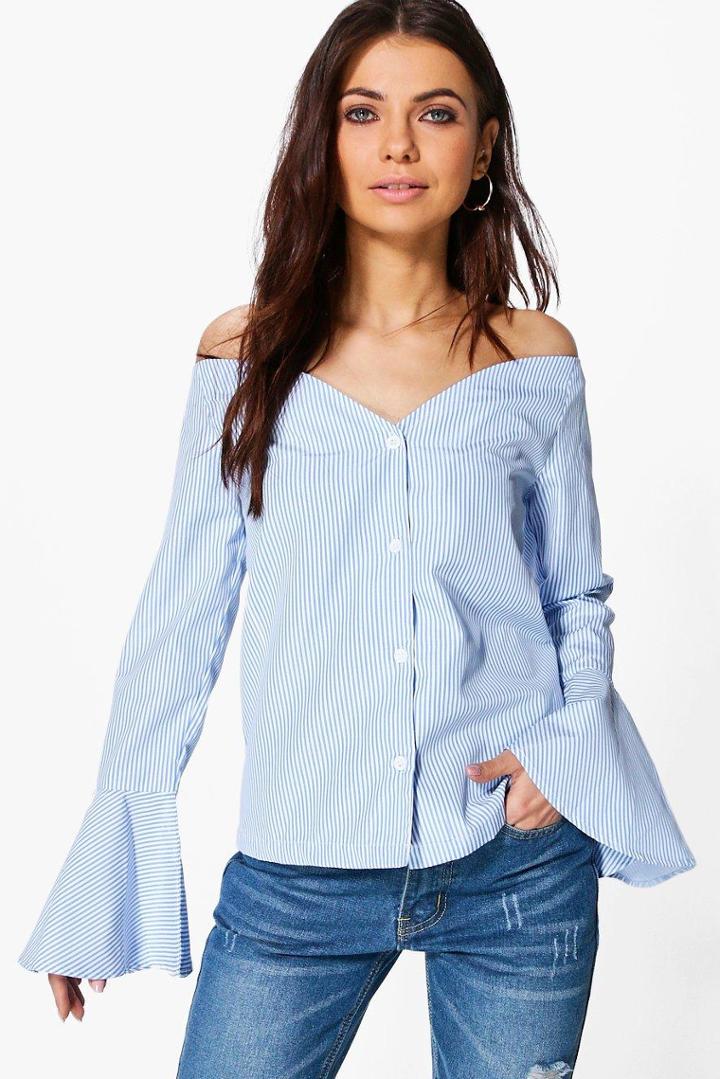 Boohoo Kayla Striped Bardot Shirt Blue