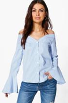 Boohoo Kayla Striped Bardot Shirt Blue