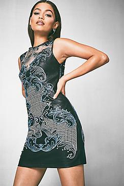 Boohoo Premium Elisha Embroidered Pu Cold Shoulder Dress