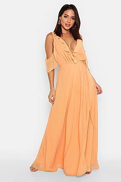 Boohoo Chiffon Frill Cold Shoulder Wrap Maxi Dress