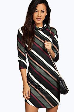 Boohoo Dia Stripe Curved Hem Cowl Bodycon Dress