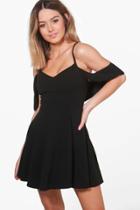 Boohoo Petite Abi Strappy Drop Shoulder Skater Dress Black