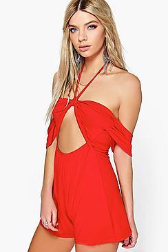 Boohoo Lois Cut Front Cold Shoulder Neck Tie Playsuit