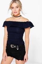 Boohoo Mia Bardot Frill Denim Top Indigo