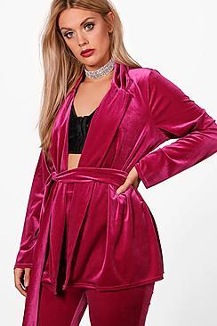 Boohoo Plus Jemima Velvet Belted Blazer