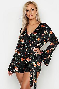 Boohoo Plus Wrap Floral Flare Sleeve Satin Playsuit
