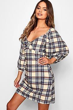 Boohoo Balloon Sleeve Tie Detail Check Mini Dress