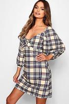 Boohoo Balloon Sleeve Tie Detail Check Mini Dress