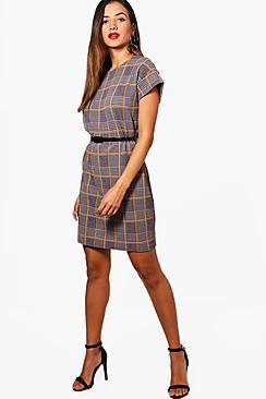Boohoo Olivia Belted Check Shift Dress