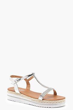 Boohoo Grace Diamante T Bar Cleated Sandals