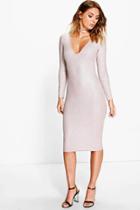Boohoo Keira Metallic V Neck Midi Bodycon Dress Rose