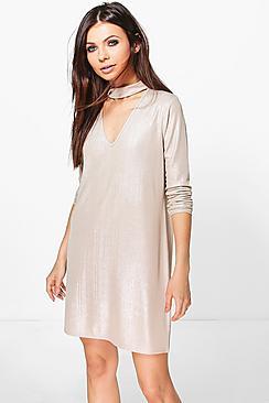 Boohoo Daffy Metallic Choker Shift Dress