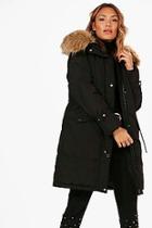 Boohoo Abi Longline Tie Cuff Parka With Faux Fur Trim