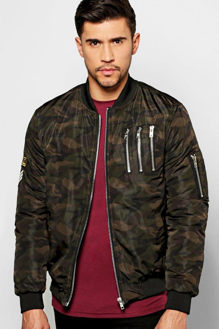 Boohoo Camo Multi Zip Ma1 Bomber With Badges Khaki