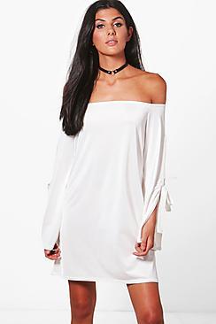 Boohoo Mallory Off Shoulder Sleeve Detail Swing Dress