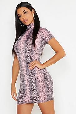 Boohoo Blush Snake Print High Neck Mini Dress