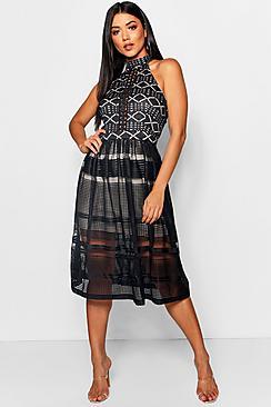 Boohoo Felicity Lace High Neck Midi Skater Dress