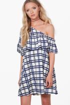 Boohoo Lara One Shoulder Check Frill Swing Dress Multi