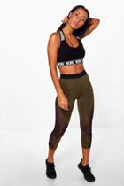 Boohoo Lilly Fit Mesh Panel Capri Running Leggings Khaki