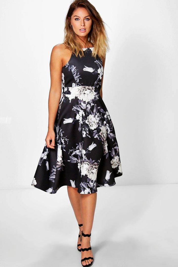 Boohoo Eleanor Floral Strappy Midi Skater Dress Black