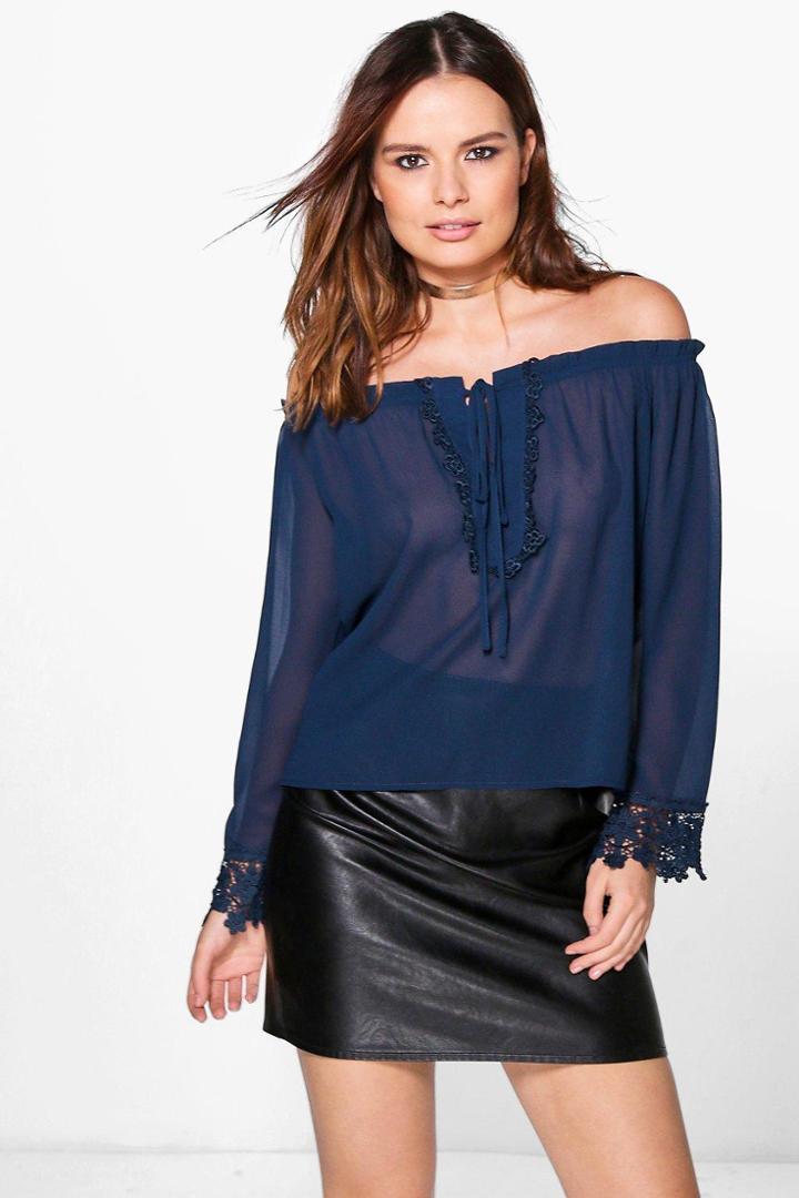 Boohoo Rosie Bardot Lace Trim Top Navy