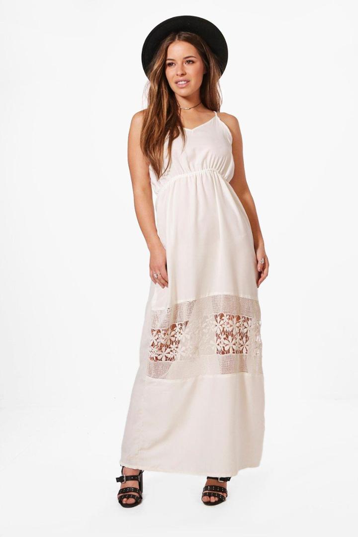 Boohoo Petite Olivia Crochet Insert Plunge Maxi Dress Ivory