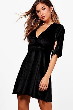 Boohoo Velvet Split Sleeve Belted Skater Dress