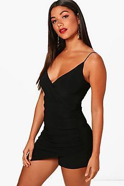 Boohoo Shay Wrap Front Slinky Playsuit