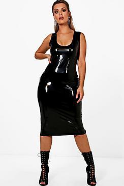 Boohoo Plus Kerry Vinyl Plunge Midi Dress
