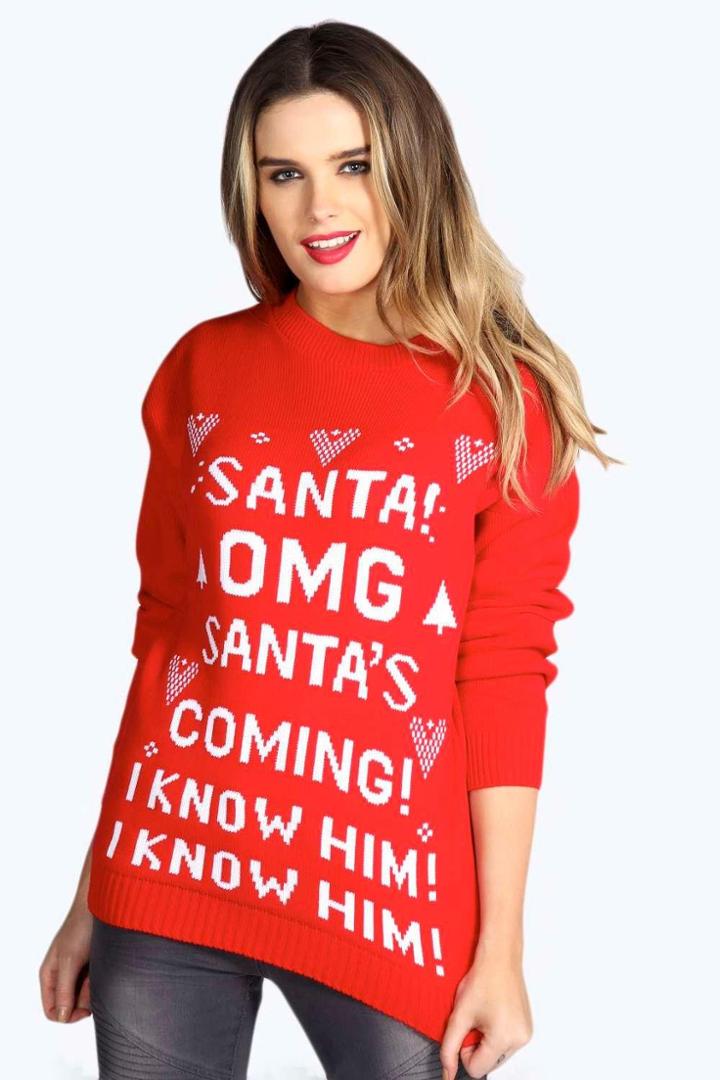 Boohoo Emmy Santa's Coming Christmas Jumper Red