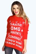 Boohoo Emmy Santa's Coming Christmas Jumper Red