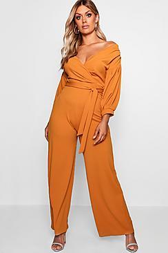 Boohoo Plus Off The Shoulder Wrap Jumpsuit
