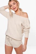 Boohoo Evie Slash Neck Jumper & Short Lounge Co-ord Stone