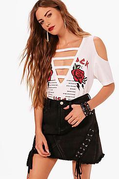 Boohoo Meisha Caged Cold Shoulder Printed Tee