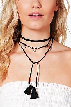 Boohoo Jessica Boho Coin & Tassel Tie Cord Choker