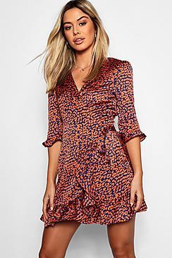 Boohoo Petite Satin Leopard Print Ruffle Wrap Tea Dress