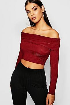Boohoo Long Sleeve Jumbo Rib Bardot Crop Top