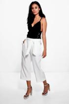 Boohoo Harper Tie Waist Turn Up Woven Tailored Trousers Ivory