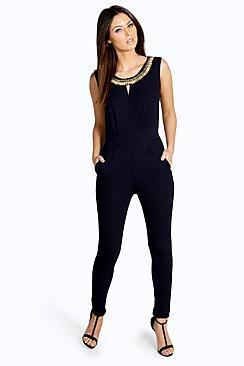 Boohoo Boutique Zoe Necklace Trim Skinny Leg Jumpsuit