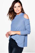 Boohoo Amira Striped Rib Cold Shoulder T-shirt Blue