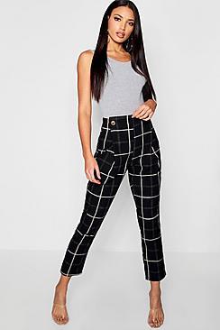 Boohoo Grid Check Mock Horn Button High Waist Trouser