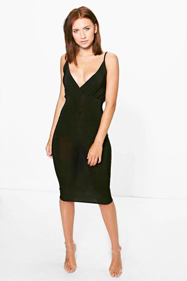 Boohoo Petite Jade Wrap Slinky Midi Bodycon Dress Black