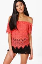Boohoo Sarah Eyelash Lace Off The Shoulder Top Coral