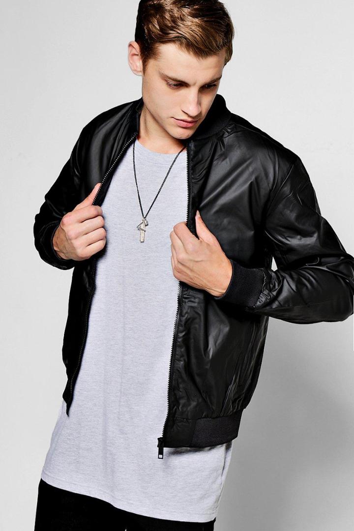 Boohoo Black Rubberised Faux Leather Bomber Jacket Black