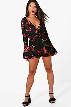 Boohoo Heidy Wrap Front Floral Playsuit